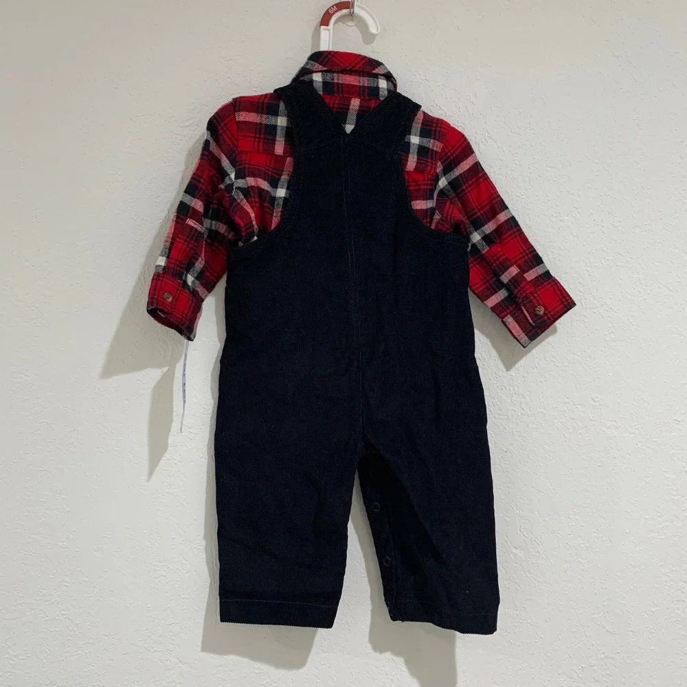 Carters plaid shirt and‎ black corduroy overalls 6 months new with tags